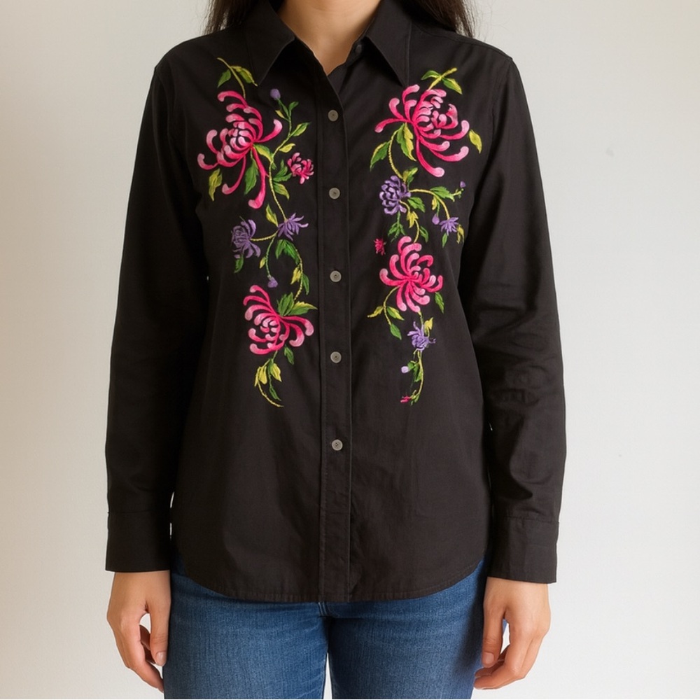 Women Black Shirt Long Sleeves Medium 100% Cotton Blaine Trump Embroidered